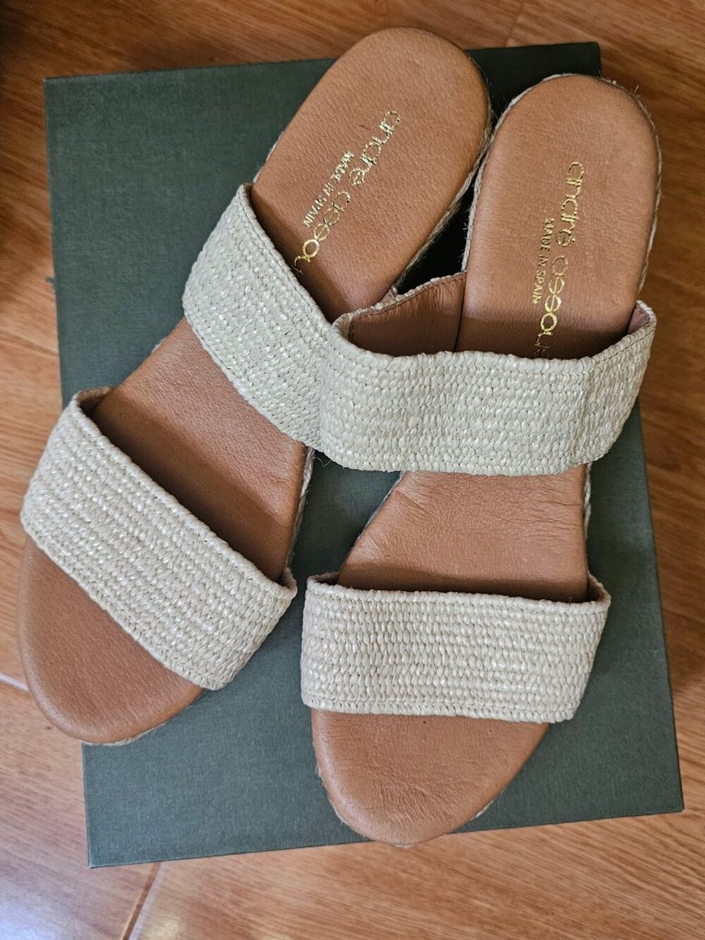 Andre Assous Beige Woven Espadrille Wedge Slide Sandals EU 39 Made in Spain
